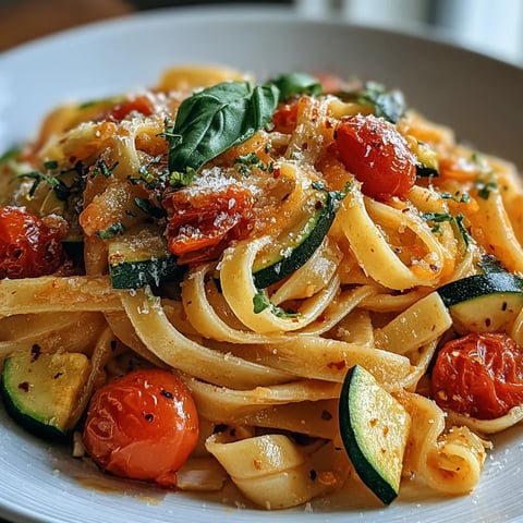 A plate of pasta with tomatoes, zucchini, and basil.