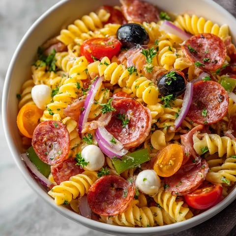 A bowl of pasta with tomatoes, olives, and ham.