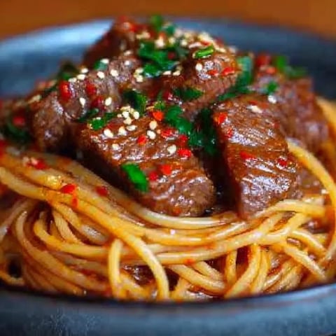 A bowl of beef and noodles.