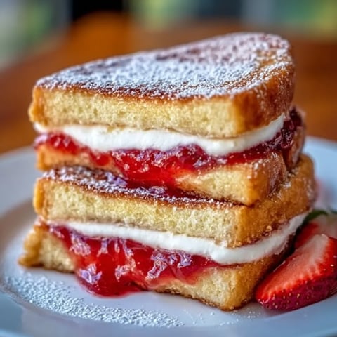 A stack of sandwiches with strawberries on top.