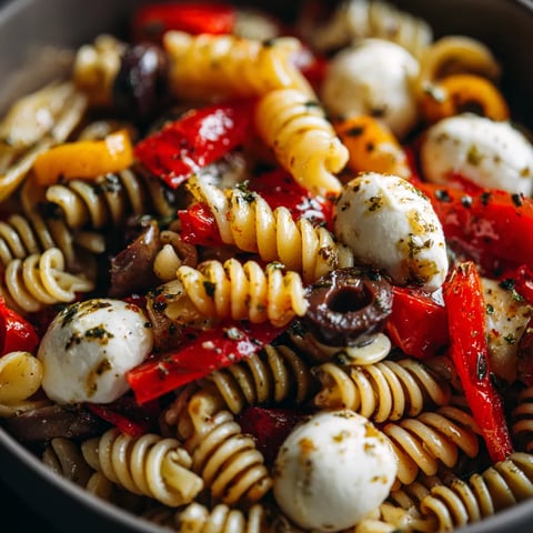 A bowl of pasta with red peppers and cheese.