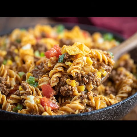 A bowl of pasta with meat and tomatoes.