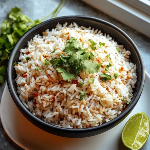 A bowl of rice with a green garnish.
