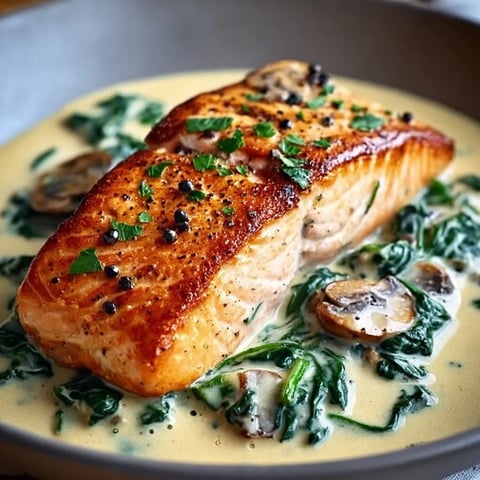 A piece of fish with mushrooms and greens on top.