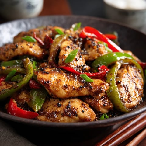A bowl of food with peppers and chicken.