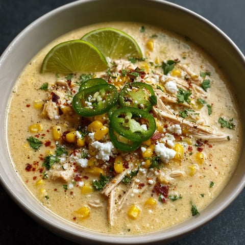 A bowl of soup with chicken, corn, and jalapenos.