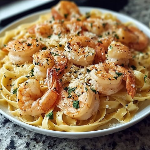 A plate of shrimp and pasta.