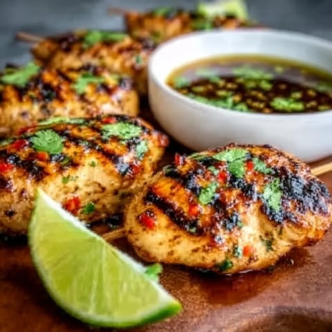 A bowl of sauce with chicken skewers.