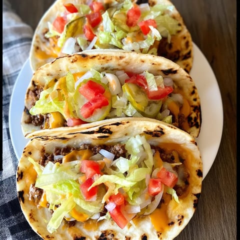 Three tacos with lettuce and tomatoes on a white plate.