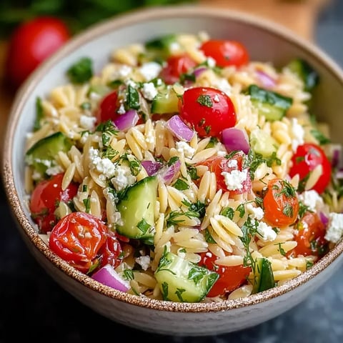 A bowl of pasta salad with tomatoes, cucumbers, and feta cheese.