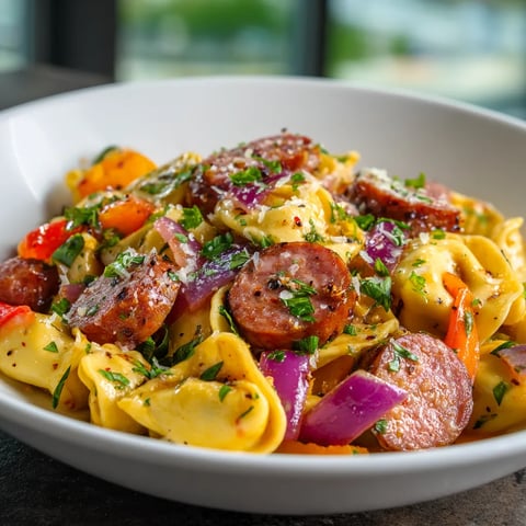 A bowl of pasta with sausage and vegetables.