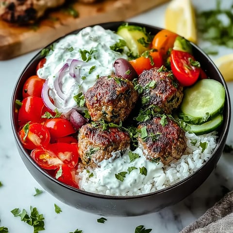 A bowl of food with meatballs, tomatoes, onions, and cucumbers.