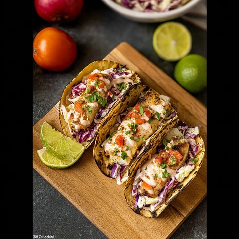 Two fish tacos with lettuce and tomatoes on a wooden cutting board.