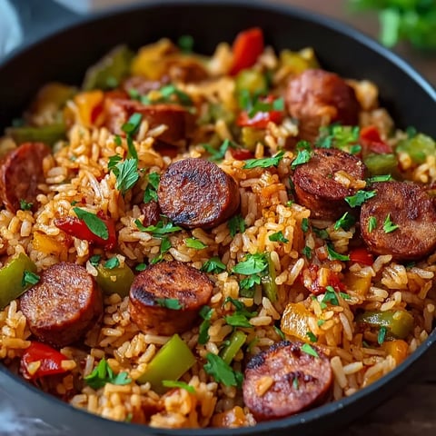 A bowl of rice with sausage and peppers.