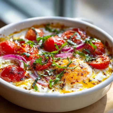 A bowl of food with tomatoes and onions.