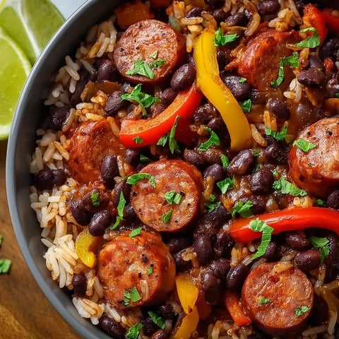 A bowl of rice with sausage and peppers.