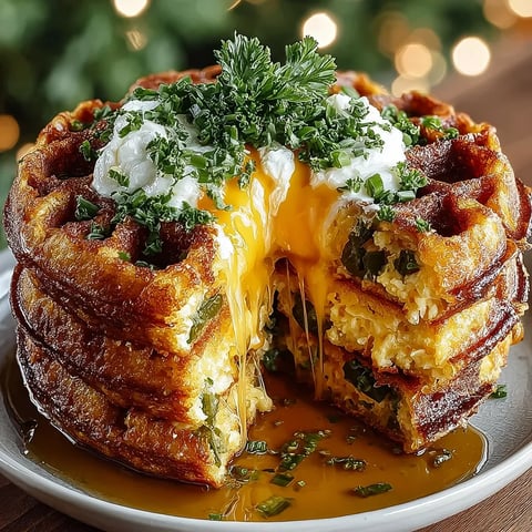 A waffle with cheese and vegetables.