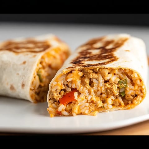 A plate with two rice and meat burritos.