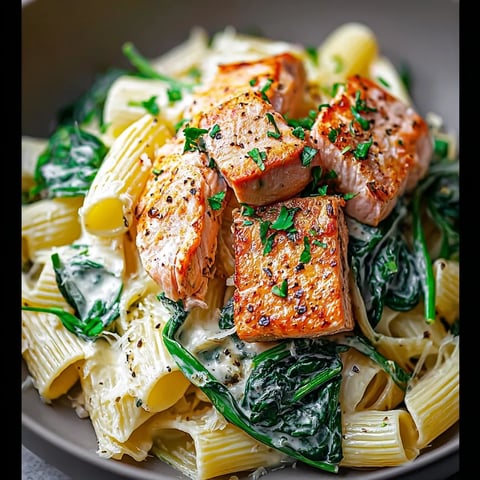 A bowl of pasta with chicken and spinach.