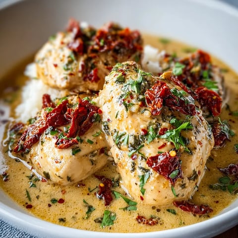 A bowl of chicken with red peppers and herbs.