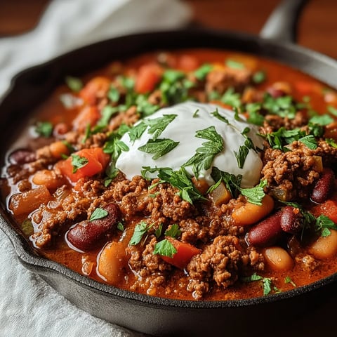 A bowl of chili with a dollop of sour cream on top.