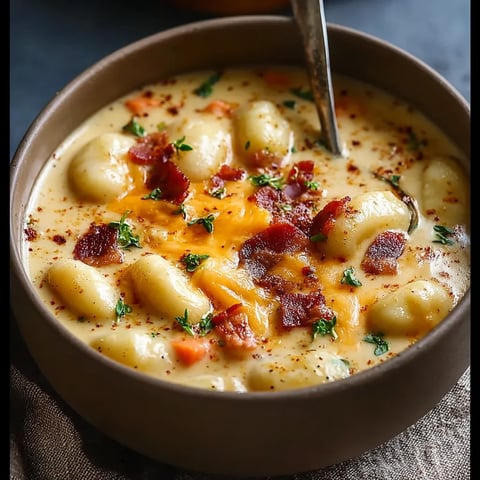 A bowl of soup with bacon and carrots.