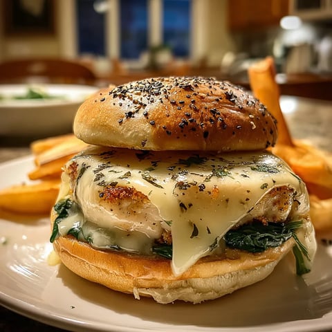 A sandwich with cheese and spinach on a white plate.