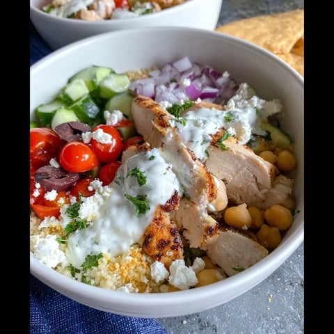 A bowl of food with chicken, tomatoes, onions, cucumbers, and feta cheese.