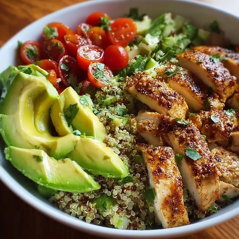 A bowl of food with chicken, tomatoes, avocado, and quinoa.
