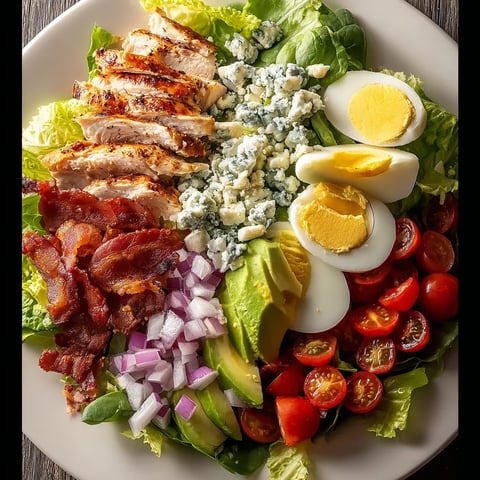 A plate of food with chicken, eggs, lettuce, tomatoes, and bacon.