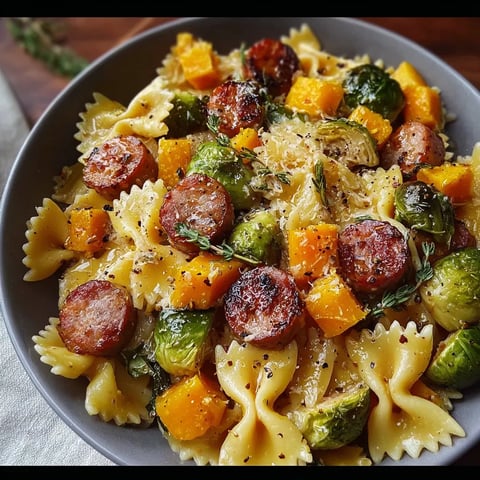 A bowl of pasta with sausage and vegetables.