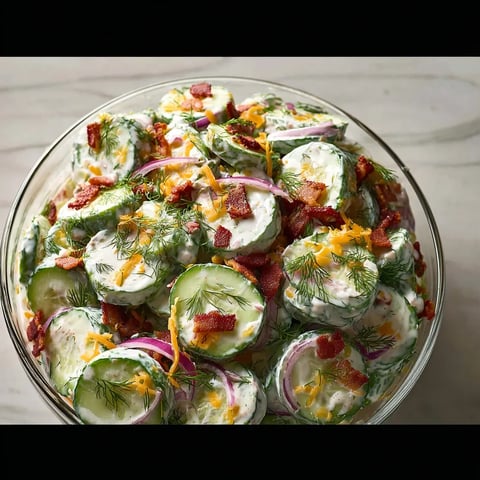 A bowl of food with cucumbers, onions, and bacon.