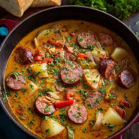 A pot of food with sausage and vegetables.