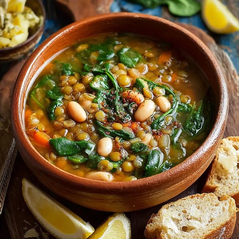 A bowl of soup with a lemon wedge on the side.