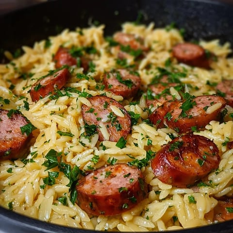 A bowl of pasta with sausage and green herbs.