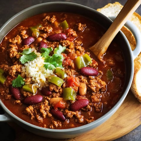 A bowl of chili with a spoon in it.