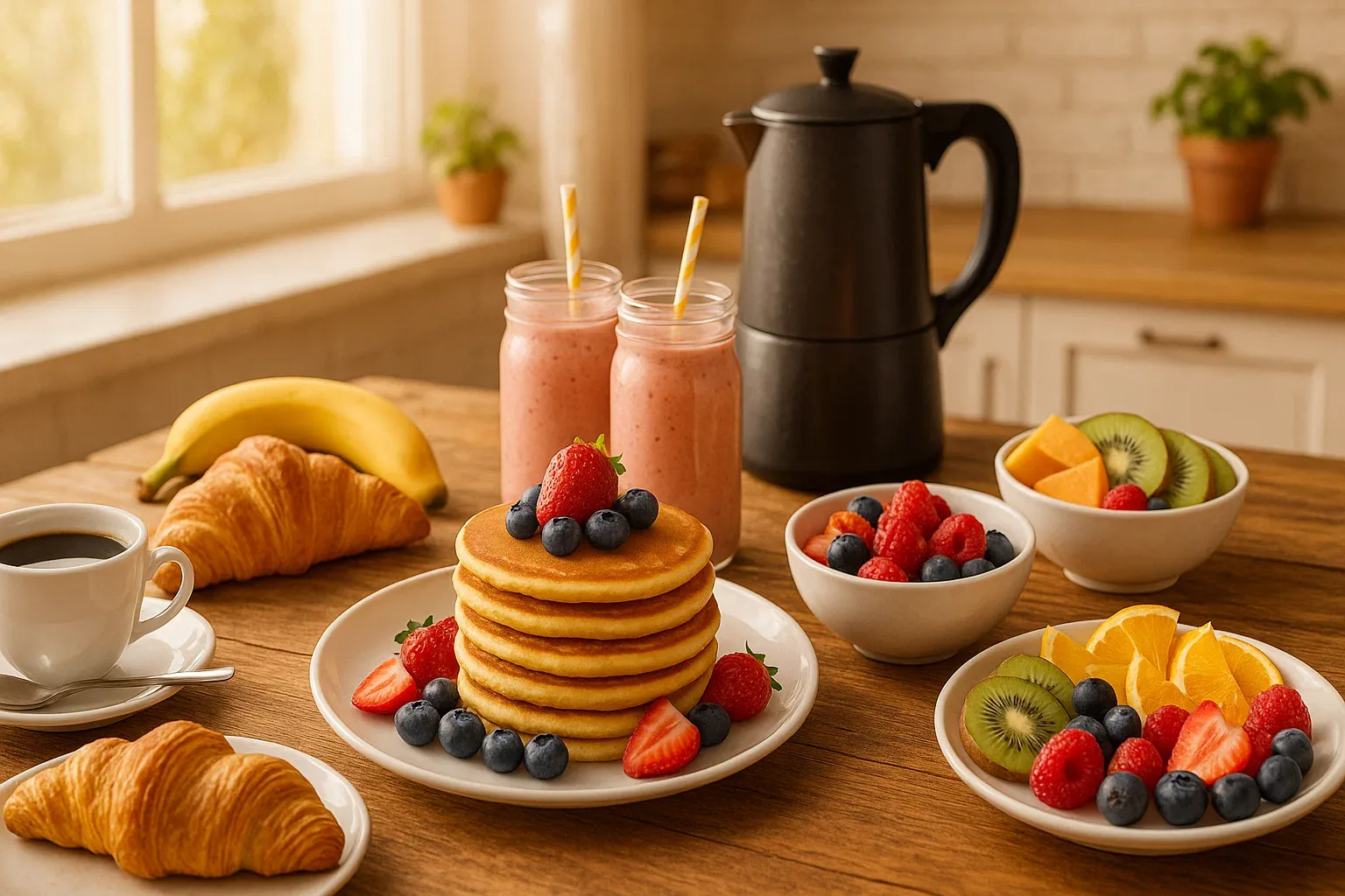 A table with a variety of food items including pancakes, fruit, and milk.