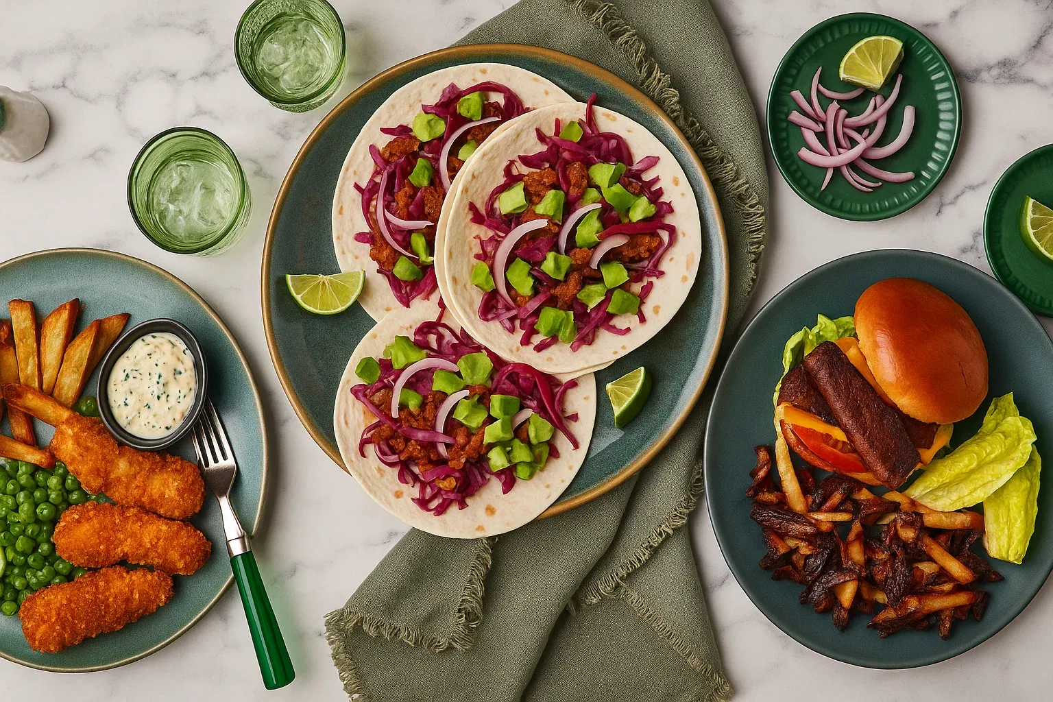 A plate of food with a green towel on it.
