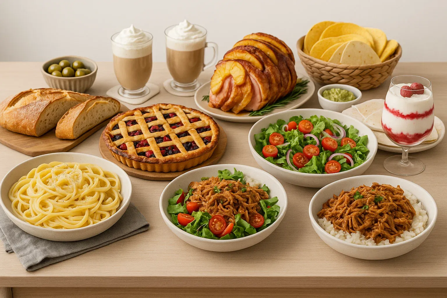 A table with a variety of foods including a pie, salad, and coffee.
