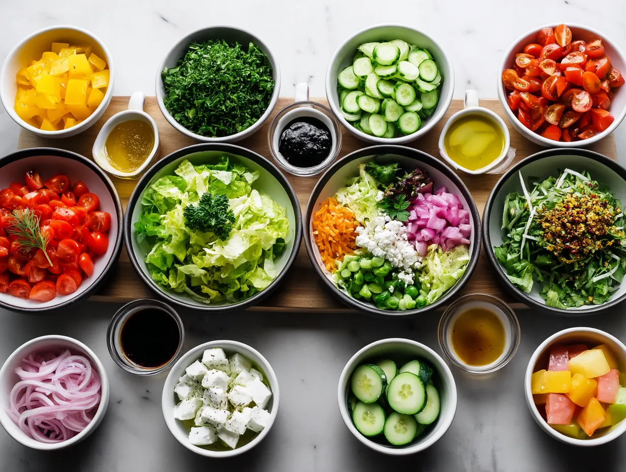 A variety of vegetables are displayed in bowls.