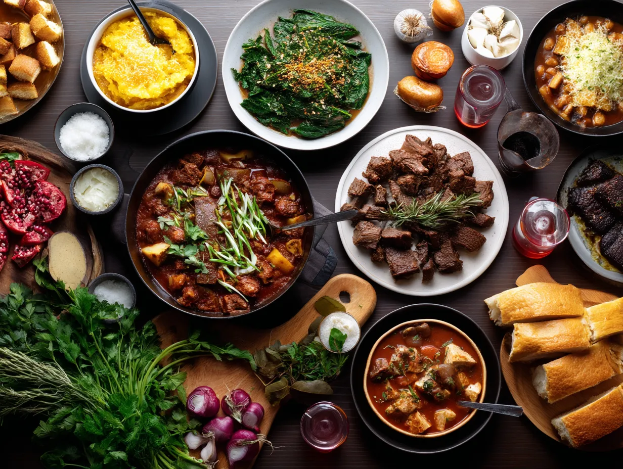 A table full of food including meat, vegetables, and soup.