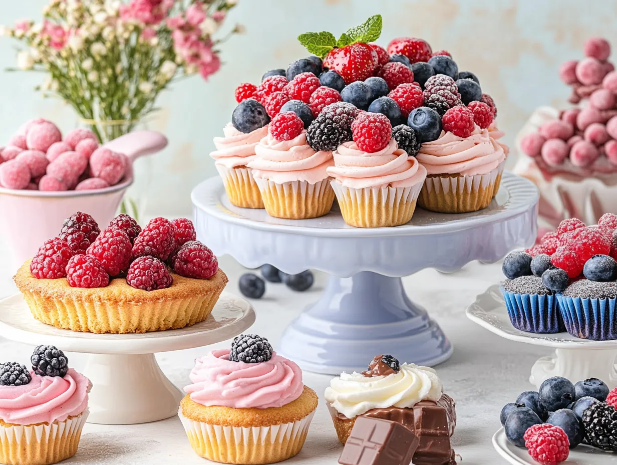 A plate of cupcakes with berries on top.
