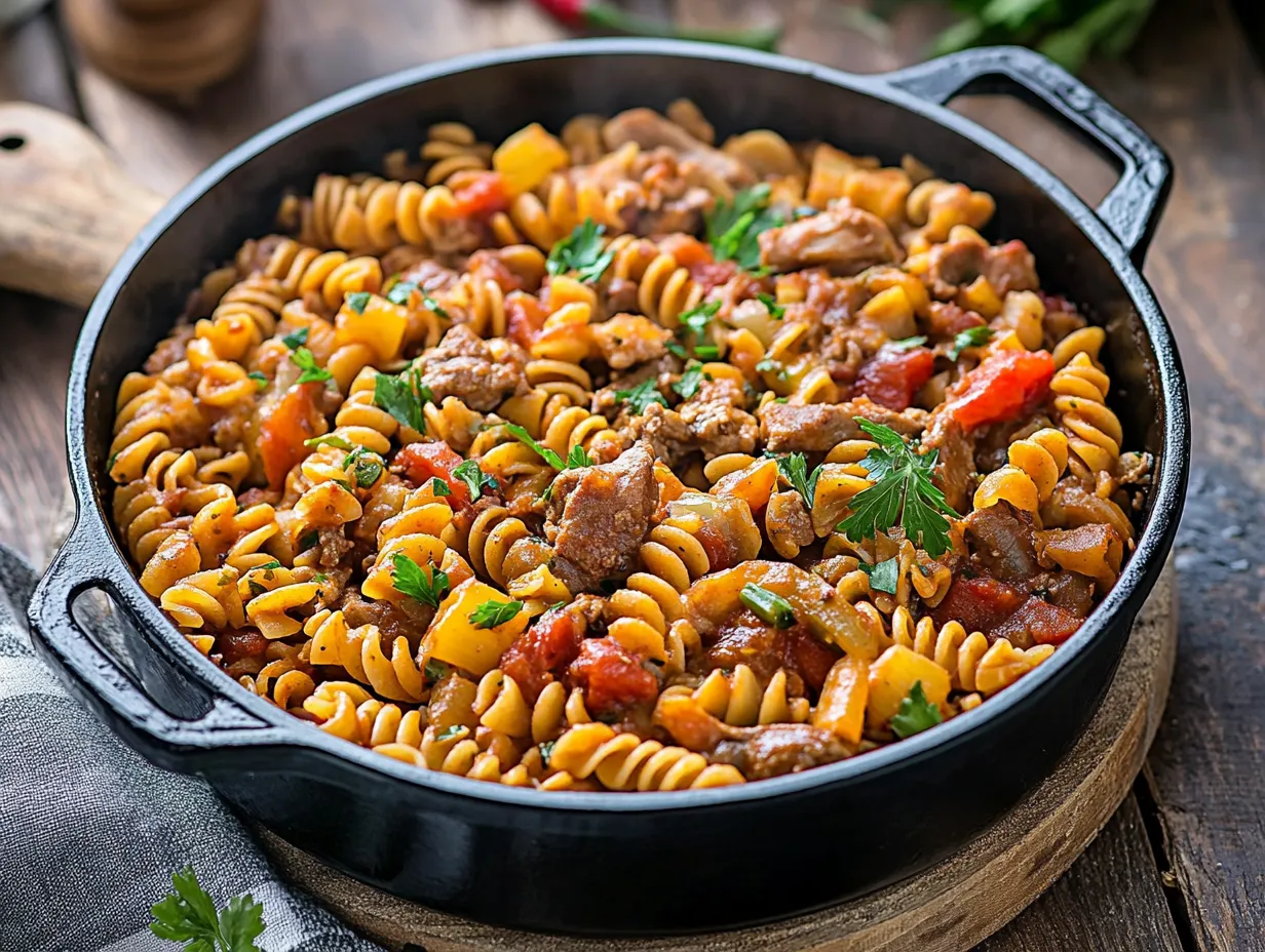 A bowl of pasta with meat and tomatoes.