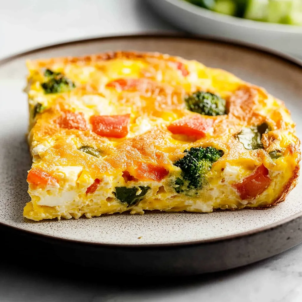 A slice of broccoli and cheese quiche.