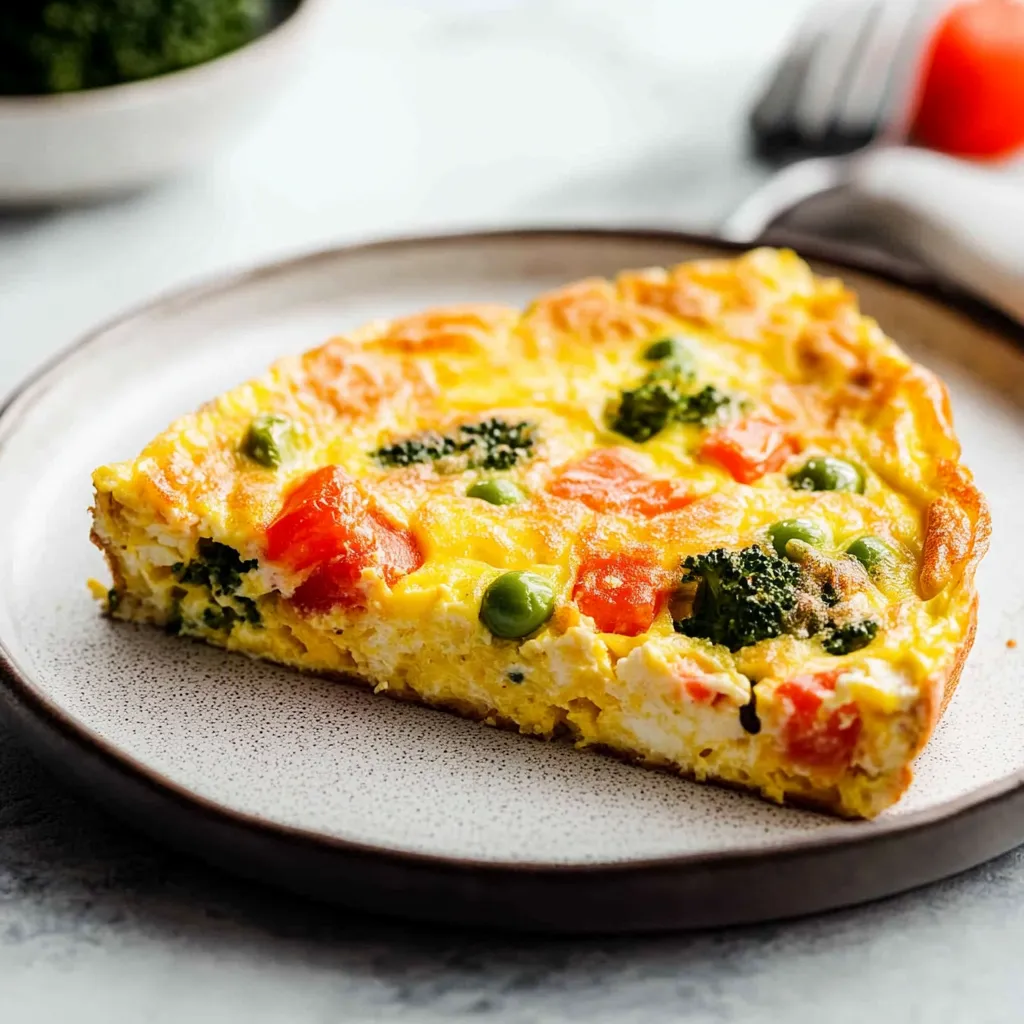 A slice of broccoli and tomato quiche.