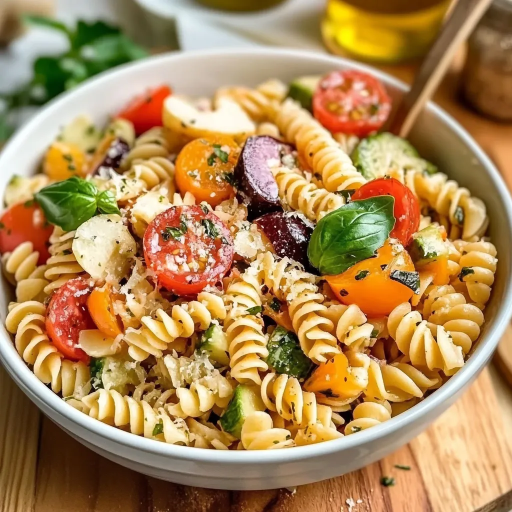 A bowl of pasta with tomatoes, broccoli, and basil.