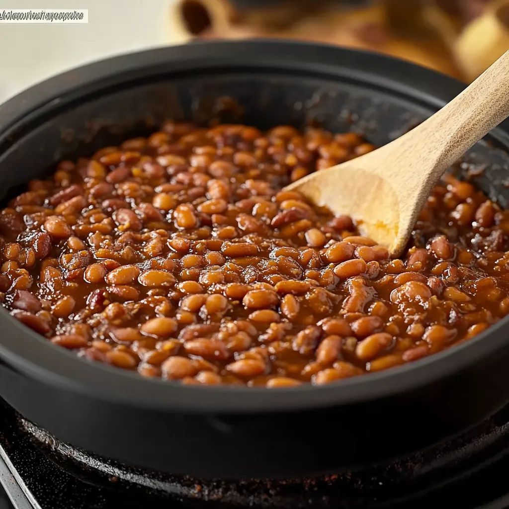 A wooden spoon in a bowl of beans.