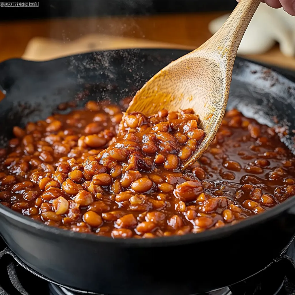A wooden spoon is stirring a pot of beans.