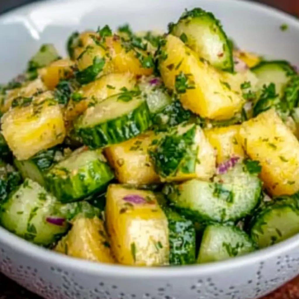 A bowl of food with cucumbers and other vegetables.