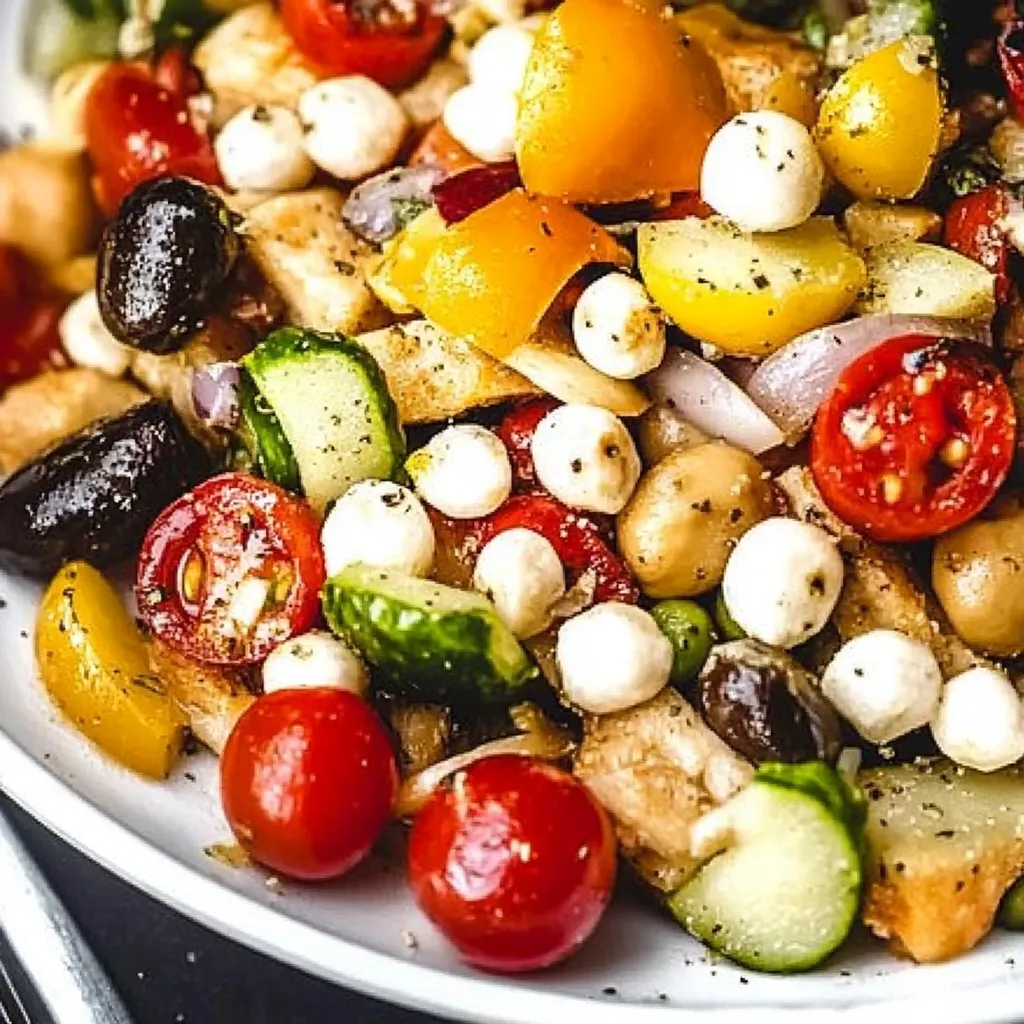 A white plate with a salad of tomatoes, cucumbers, olives, and feta cheese.